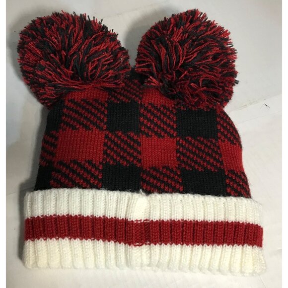 Buffalo Plaid Double Pom Pom Winter Hat Kids Knit Beanie Fleece Sock Monkey - Picture 2 of 5